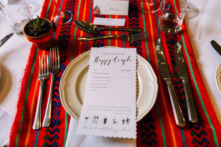Table Cloths Stationery Place Setting Colourful Mexican Garden Wedding http://jennifersmithphotography.co.uk/