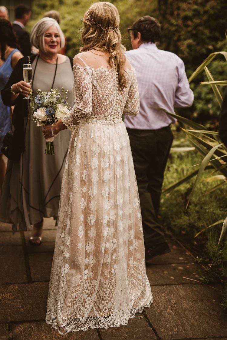 Dress Gown Lace Sleeves Sheer Nude Vintage Bohemian Bride Bridal Divine Atelier Aimee Homely Ethereal Intimate Country House Wedding https://www.photosligo.com/