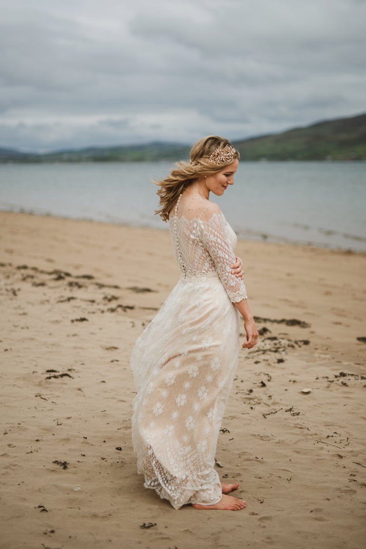 Dress Gown Lace Sleeves Sheer Nude Vintage Bohemian Bride Bridal Divine Atelier Aimee Barefoot Homely Ethereal Intimate Country House Wedding https://www.photosligo.com/