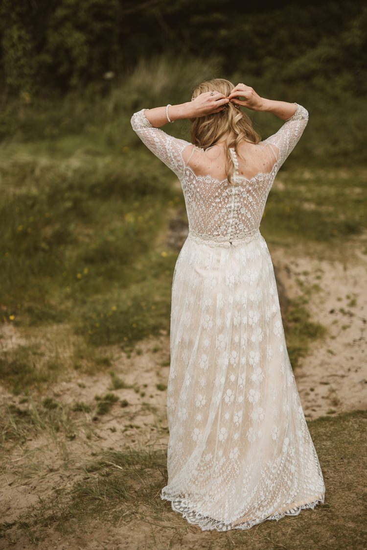 Dress Gown Lace Sleeves Sheer Nude Vintage Bohemian Bride Bridal Divine Atelier Aimee Homely Ethereal Intimate Country House Wedding https://www.photosligo.com/