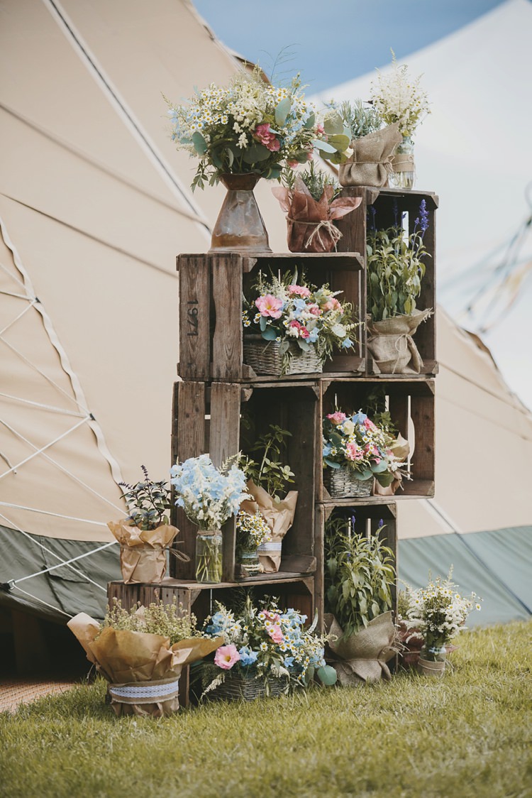 Crate Decoration Flowers Pots Baskets Vases DIY Pretty Pastel Tipi Wales Wedding http://www.mckinley-rodgers.co.uk/
