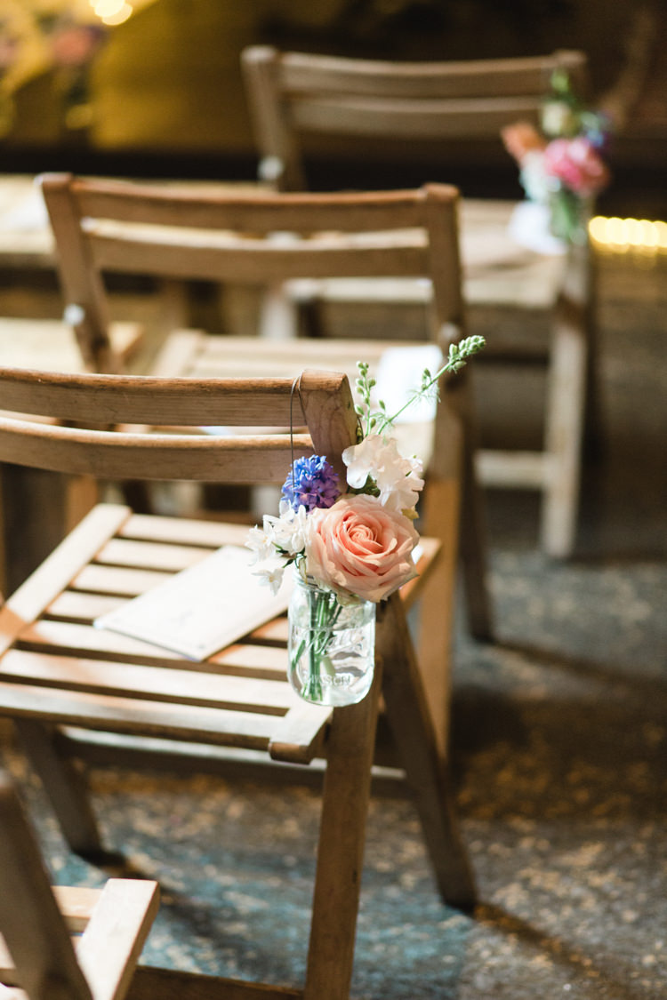 Chair Flowers Aisle Ceremony Jars The Prettiest Spring Barn Pastels Wedding https://www.thegibsonsphotography.co.uk/