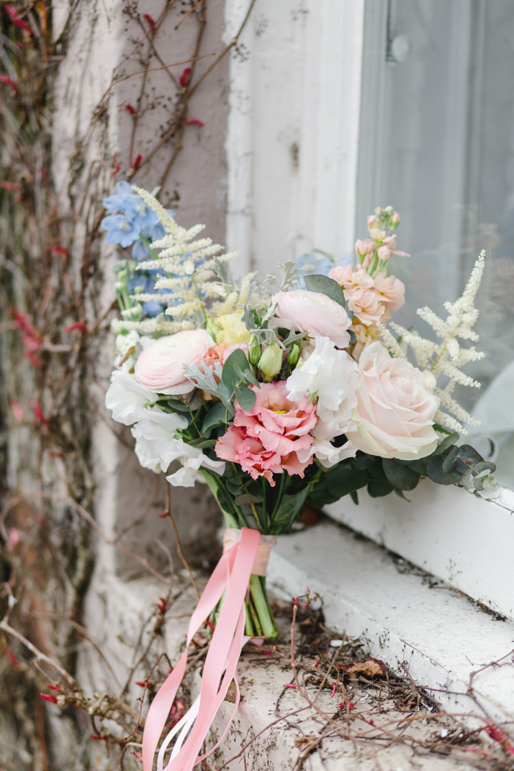 Bouquet Flowers Bride Bridal Pink Yellow Blue Peony Ranunculus Rose Ribbon The Prettiest Spring Barn Pastels Wedding https://www.thegibsonsphotography.co.uk/
