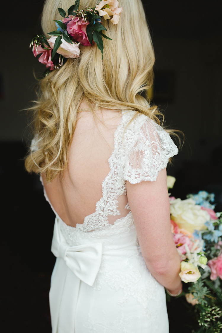 Lace Low Back Bow Dress Gown Bride Bridal Sleeve The Prettiest Spring Barn Pastels Wedding https://www.thegibsonsphotography.co.uk/