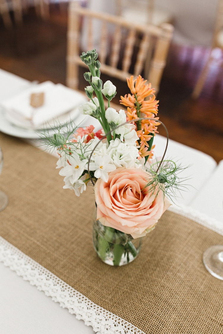 Jar Flowers Peach White Decor Table Centrepiece The Prettiest Spring Barn Pastels Wedding https://www.thegibsonsphotography.co.uk/