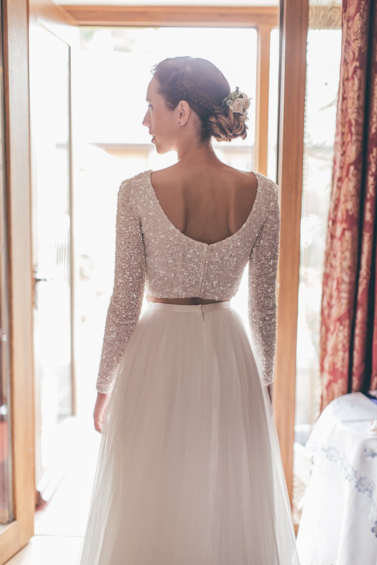 Sequin Long Sleeve Crop Top Bride Bridal Dress Gown Skirt Theia Beautiful Floral Bohemian Garden Wedding http://rachellambertphotography.co.uk/