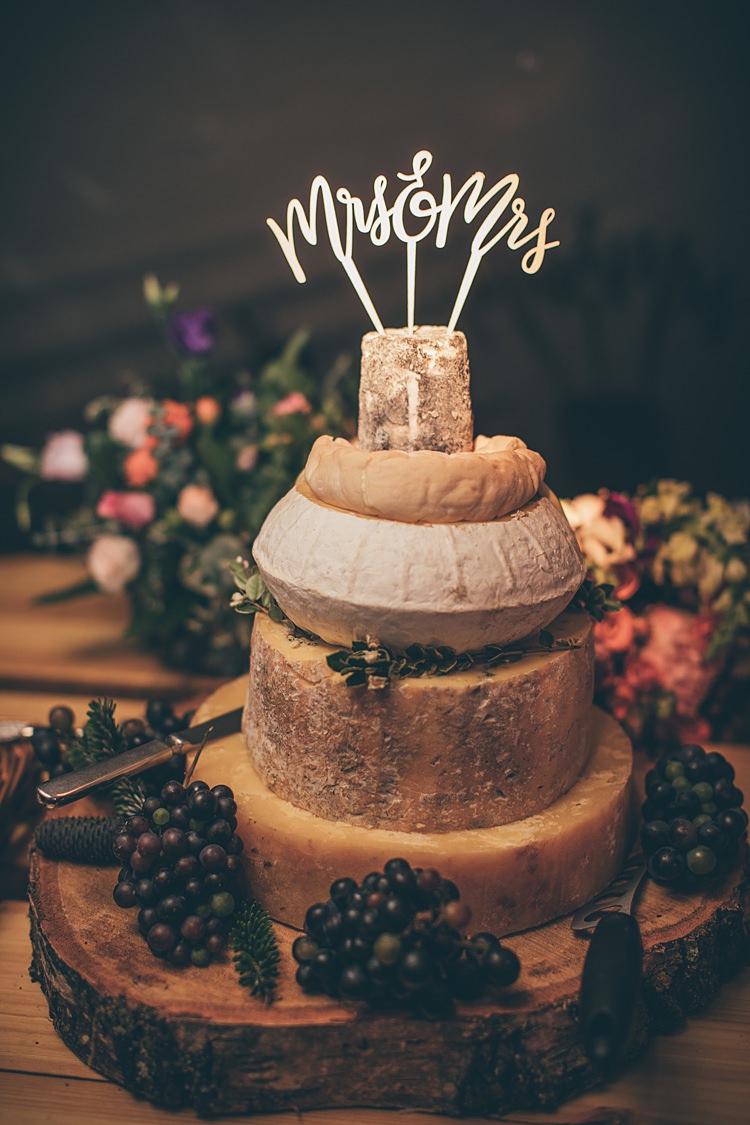 Cheese Tower Stack Log Stand Topper Mrs Mrs Beautiful Floral Bohemian Garden Wedding http://rachellambertphotography.co.uk/