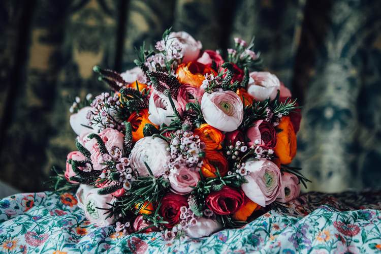 Wax Flower Ranunculus Bouquet Flowers Bride Bridal Pink Red Festoons Gold Sequin City Party Wedding http://septemberpictures.com/