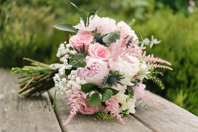 Blush Bouquet Rose Peony Gypsophila Thistle Crafty Pretty Pastel Budget Wedding http://lilysawyer.com/