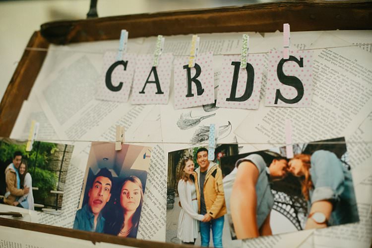 Cards Table Suitcase Peg line Photographs Crafty Pretty Pastel Budget Wedding http://lilysawyer.com/