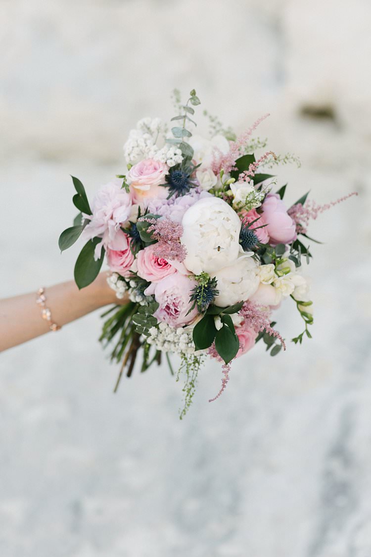 Bouquet Blush Pink Peony Rose Thistle Stocks Crafty Pretty Pastel Budget Wedding http://lilysawyer.com/