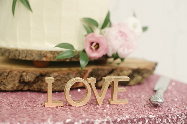 Cake Table Pink Sequin Cloth Log Base Stand Love Cutout Letters Crafty Pretty Pastel Budget Wedding http://lilysawyer.com/