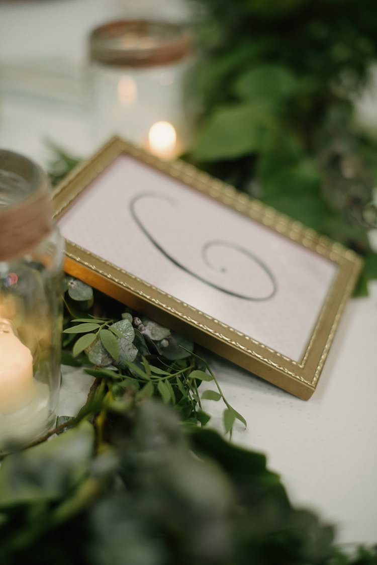 Table Number Gold Frame Greenery Garland Foliage Jam Jar Candle Twine Crafty Pretty Pastel Budget Wedding http://lilysawyer.com/
