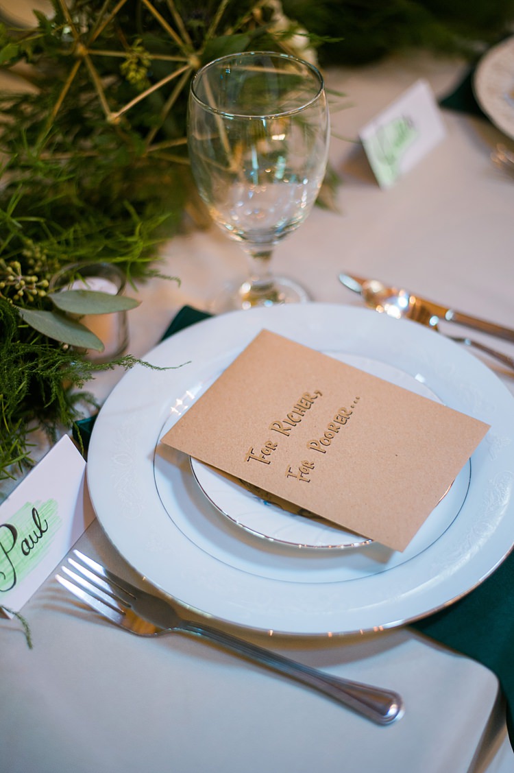 Place Setting Greenery Favours Lottery Tickets Tables Gold Whimsical Woods Wedding Barn Ohio http://www.connectionphotoblog.com/