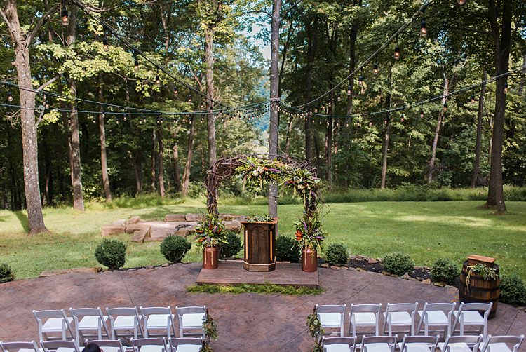 Aisle Ceremony Outdoors Branches Arch Pew Wooden Platform Whimsical Woods Wedding Barn Ohio http://www.connectionphotoblog.com/