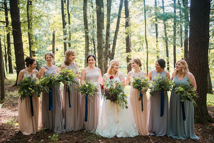 Bride Bridal Party Bridesmaids Mismatched Pastel Bouquets Greenery Ribbons Whimsical Woods Wedding Barn Ohio http://www.connectionphotoblog.com/