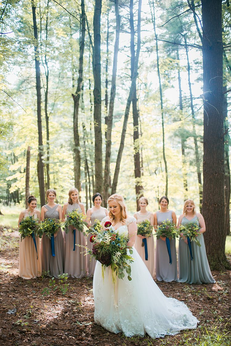 Bridal Party Mismatched Pastel Bridesmaids Green Bouquet Foliage Capped Sleeve Dress Lace Whimsical Woods Wedding Barn Ohio http://www.connectionphotoblog.com/