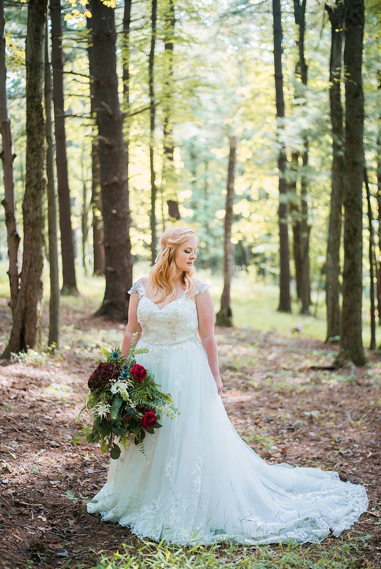 Bride Lace A Line Gown Bouquet Greenery Red Cap Sleeve Outdoors Whimsical Woods Wedding Barn Ohio http://www.connectionphotoblog.com/