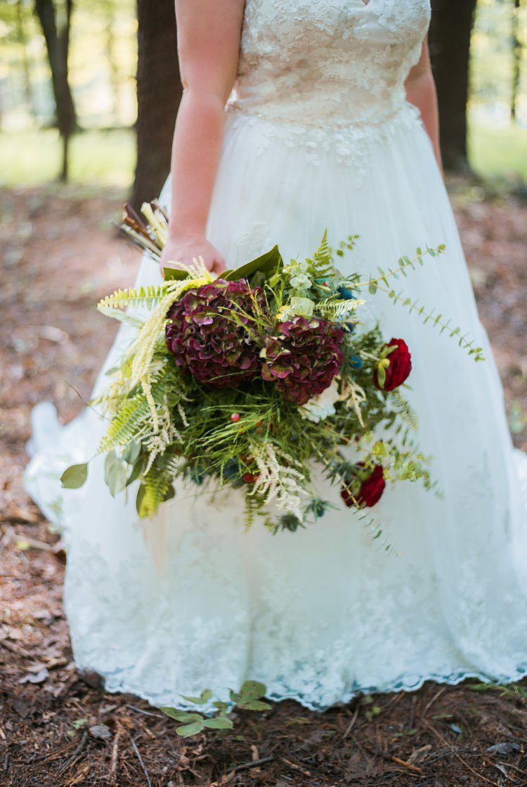 Lace Gown A Line Bouquet Greenery Red Foliage Whimsical Woods Wedding Barn Ohio http://www.connectionphotoblog.com/