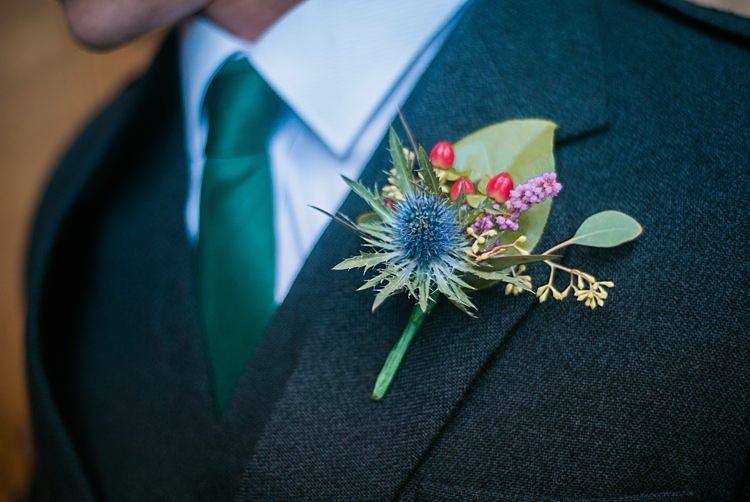 Groomsman Thistle Buttonhole Greenery Whimsical Woods Wedding Barn Ohio http://www.connectionphotoblog.com/