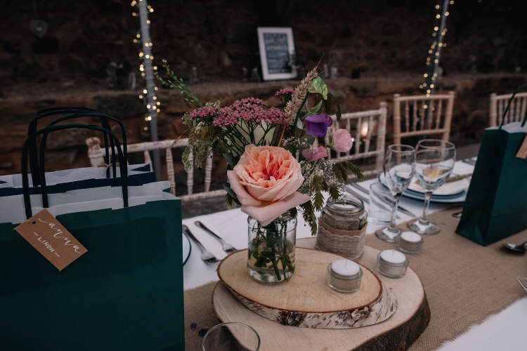 Centrepiece Decor Table Log Jar Flowers Twinkling Rustic DIY Barn Wedding https://www.harperscottphoto.com/