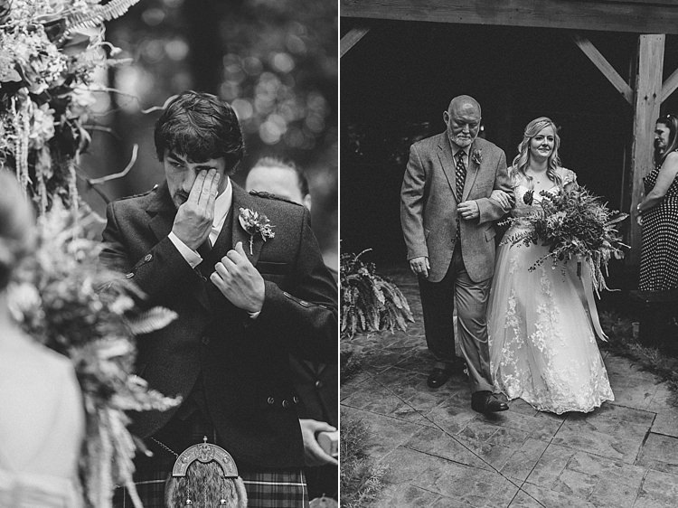 Groom Crying Tears Bride Walking Aisle Father of Bride A Line Gown Lace Whimsical Woods Wedding Barn Ohio http://www.connectionphotoblog.com/