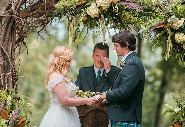 Bride Groom Ceremony Vows Tartan Kilt Dress Cap Sleeve Lace Curls Archway Branches Whimsical Woods Wedding Barn Ohio http://www.connectionphotoblog.com/