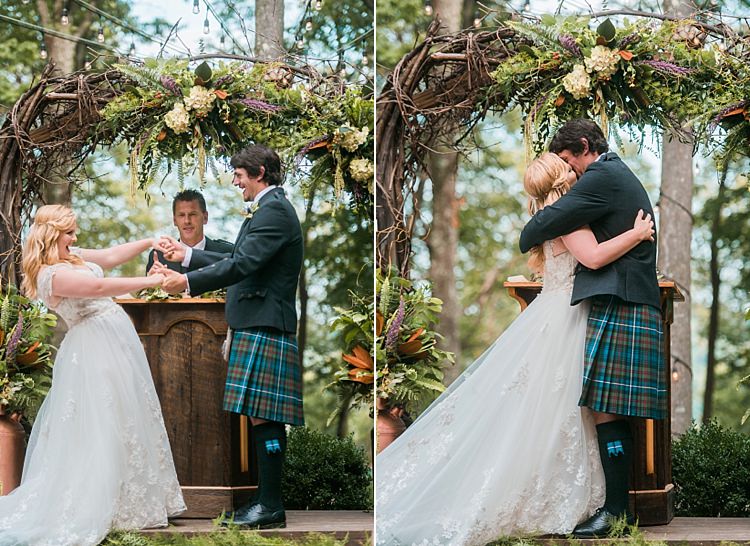 Bride Groom Kiss Ceremony Vows Tartan Kilt Dress Cap Sleeve Lace Curls Archway Branches Whimsical Woods Wedding Barn Ohio http://www.connectionphotoblog.com/