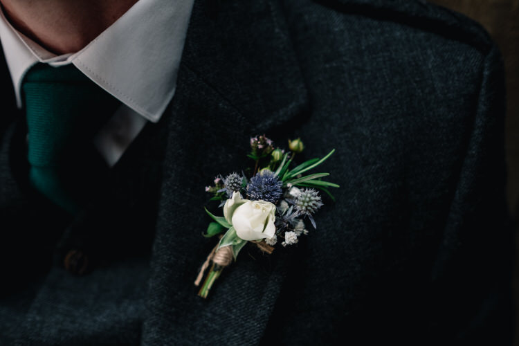 Thistle Rose Rosemary Buttonhole Groom Twinkling Rustic DIY Barn Wedding https://www.harperscottphoto.com/
