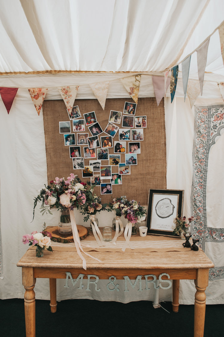 Flowers Photo Wall Antique Pine Table Bunting Herbs Flowers Home Made Walled Garden Wedding https://www.rosiekelly.co.uk/