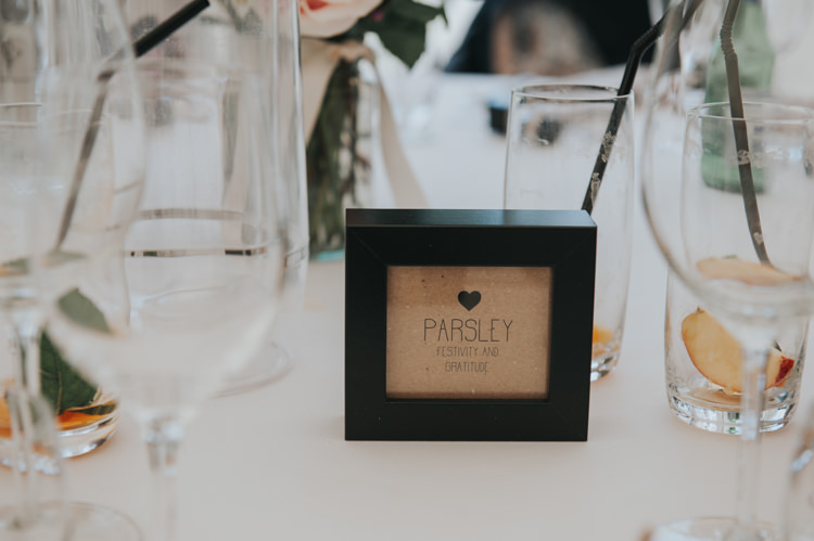 Table Names Herbs Flowers Home Made Walled Garden Wedding https://www.rosiekelly.co.uk/