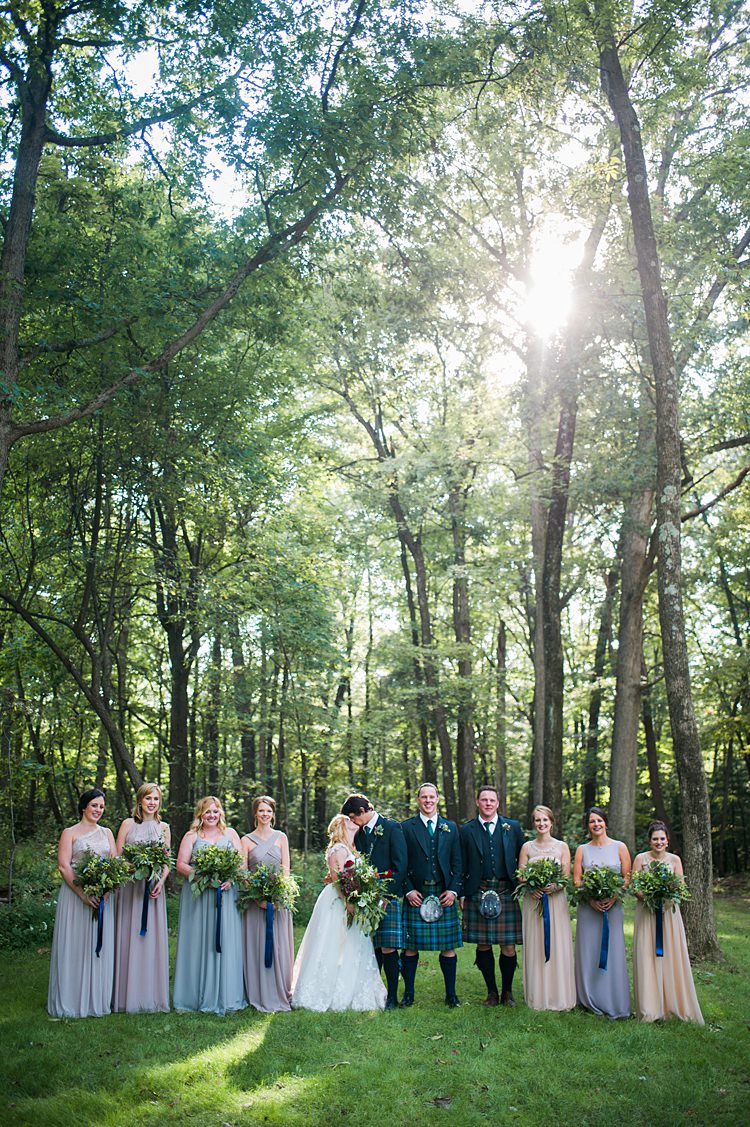 Bridal Party Kiss Kilt Tartan Mismatched Bridesmaid Gowns Pastel Bouquets Greenery Ribbons Forest Outdoors Whimsical Woods Wedding Barn Ohio http://www.connectionphotoblog.com/