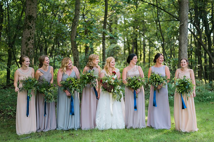 Mismatched Bridesmaid Dresses Pastel Blue Ribbon Bouquets Greenery Reds Lace Gown Whimsical Woods Wedding Barn Ohio http://www.connectionphotoblog.com/