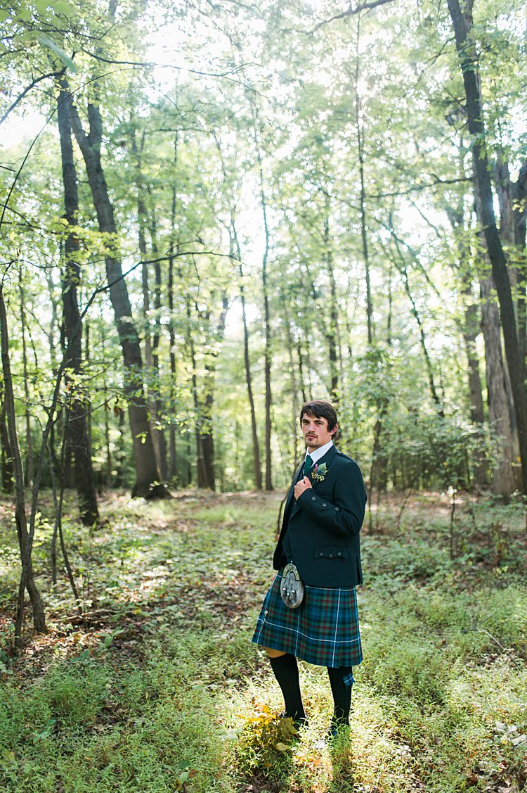 Groom Outdoors Forest Tartan Kilt Whimsical Woods Wedding Barn Ohio http://www.connectionphotoblog.com/