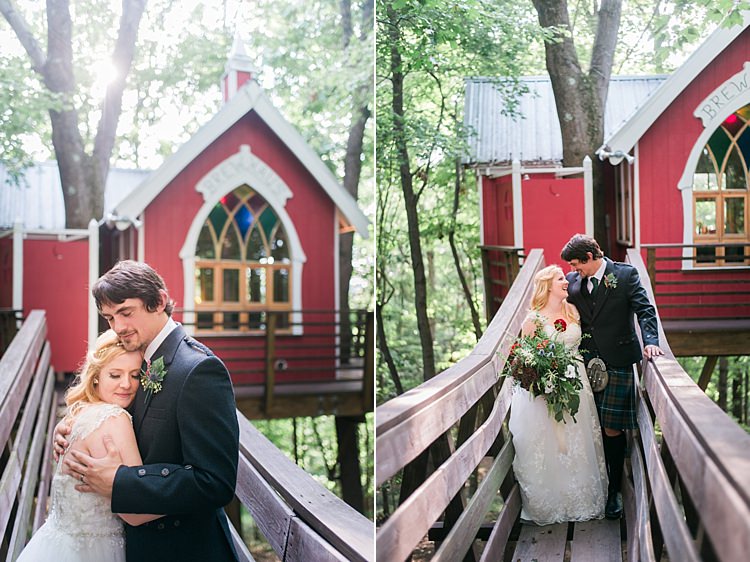 Bride Groom Embrace Bridge Outdoors Forest Treehouse Bridge Kilt Tartan Lace Gown Bouquet Greenery Whimsical Woods Wedding Barn Ohio http://www.connectionphotoblog.com/