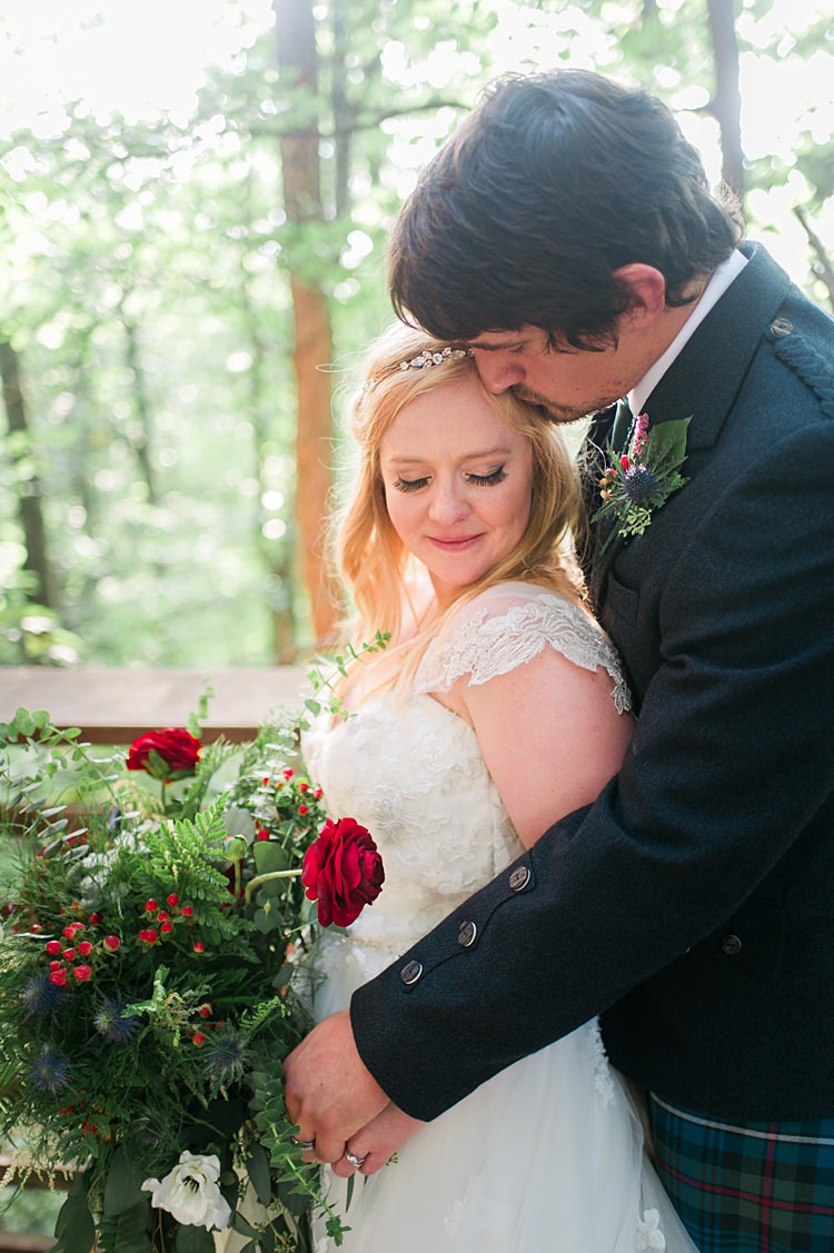 Bride Groom Kilt Tartan Bouquet Greenery Lace Gown Cap Sleeve Whimsical Woods Wedding Barn Ohio http://www.connectionphotoblog.com/