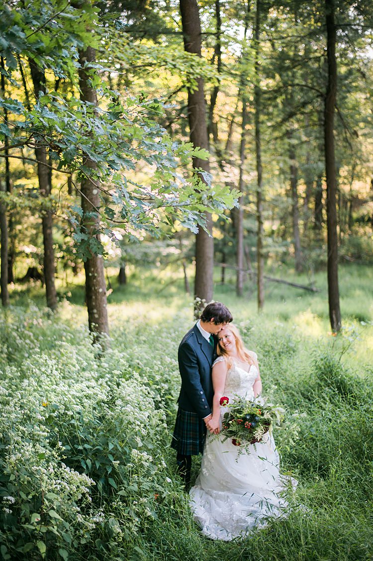 Bride Groom Forest Greenery Outdoors Bouquet Lace Dress Tartan Kilt Whimsical Woods Wedding Barn Ohio http://www.connectionphotoblog.com/