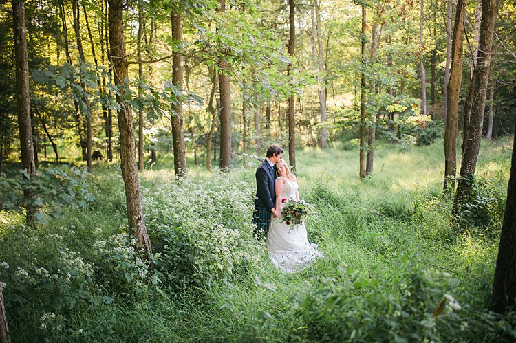 Bride Groom Forest Greenery Outdoors Bouquet Lace Dress Tartan Kilt Whimsical Woods Wedding Barn Ohio http://www.connectionphotoblog.com/