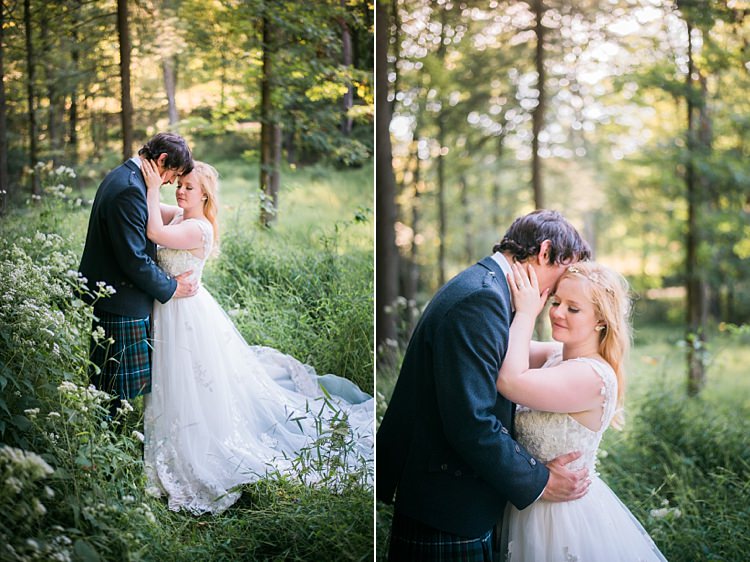 Bride Groom Forest Greenery Outdoors Bouquet Lace Dress Tartan Kilt Whimsical Woods Wedding Barn Ohio http://www.connectionphotoblog.com/