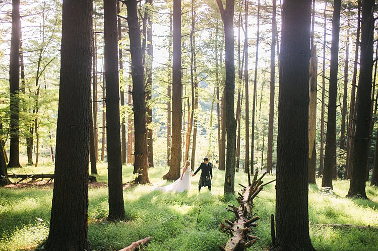 Bride Groom Forest Greenery Outdoors Bouquet Lace Dress Tartan Kilt Whimsical Woods Wedding Barn Ohio http://www.connectionphotoblog.com/