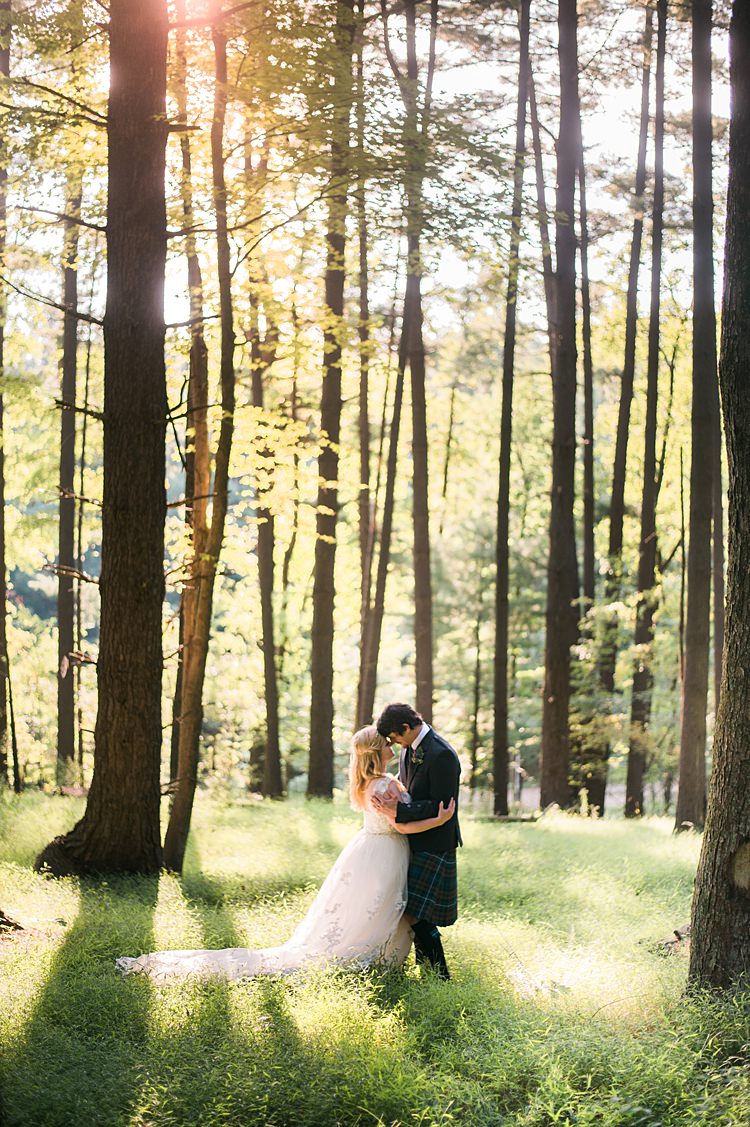 Bride Groom Forest Greenery Outdoors Bouquet Lace Dress Tartan Kilt Whimsical Woods Wedding Barn Ohio http://www.connectionphotoblog.com/