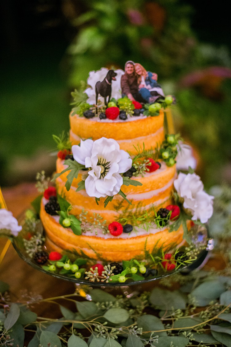 Naked Cake Bride Groom Topper Dog Flowers Fruit Greenery Whimsical Woods Wedding Barn Ohio http://www.connectionphotoblog.com/