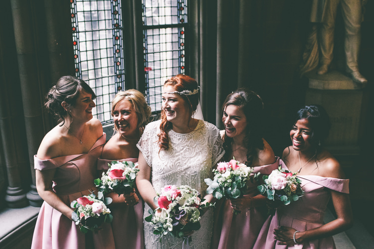 Off Shoulder Bardot Bridesmaid Dresses Pink Magical Industrial City Vintage Wedding http://www.emmaboileau.co.uk/