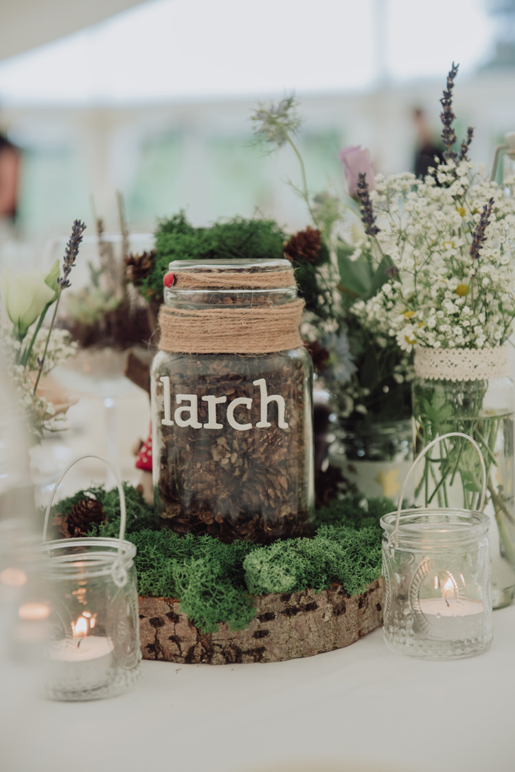 Tree Table Names Centrepieces Jars Moss Pinecones Log Slice Flowers Enchanting Ancient Forest Wedding http://donnamurrayphotography.com/