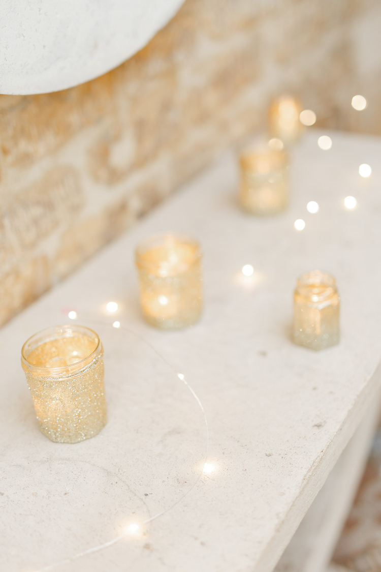 Gold Glitter Tea Light Candles Fairy Lights Romantic Rustic Blush Pink Wedding http://whitestagweddings.com/
