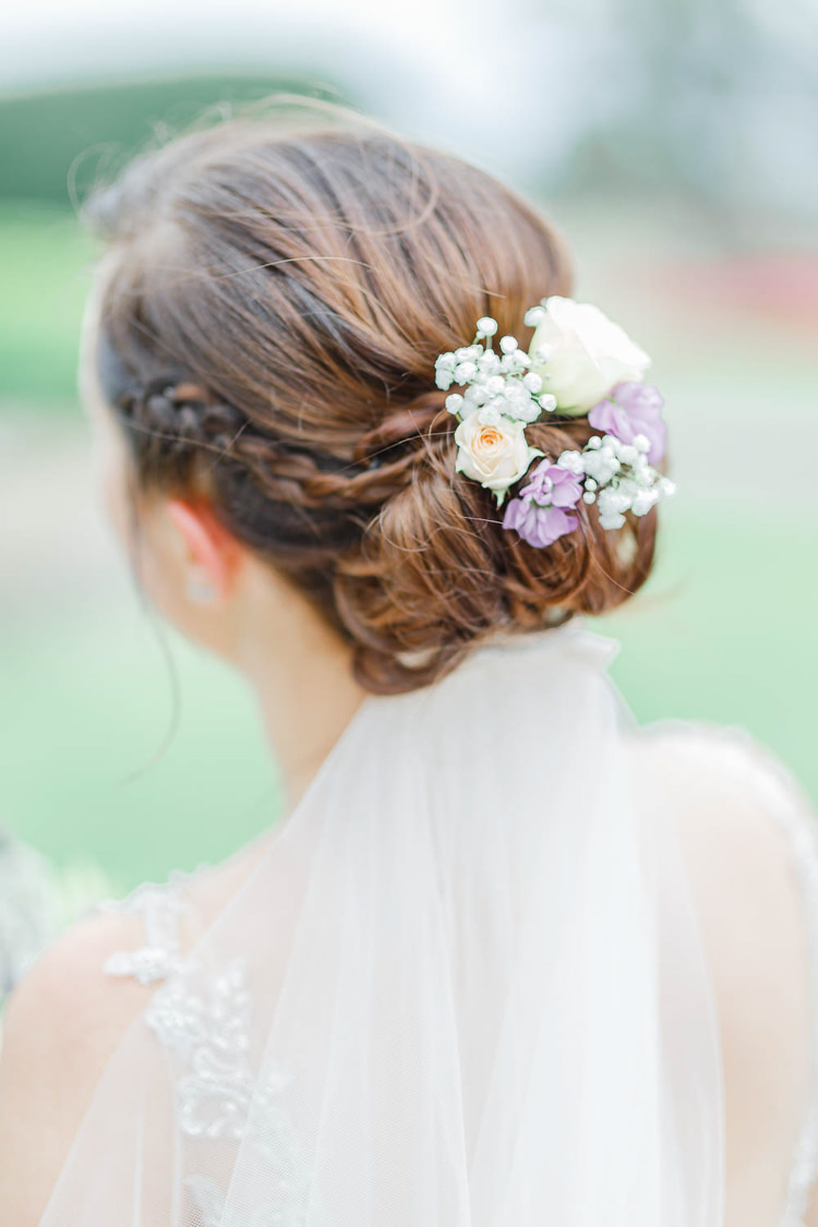 Hair Up Do Style Bride Bridal Flowers Romantic Rustic Blush Pink Wedding http://whitestagweddings.com/