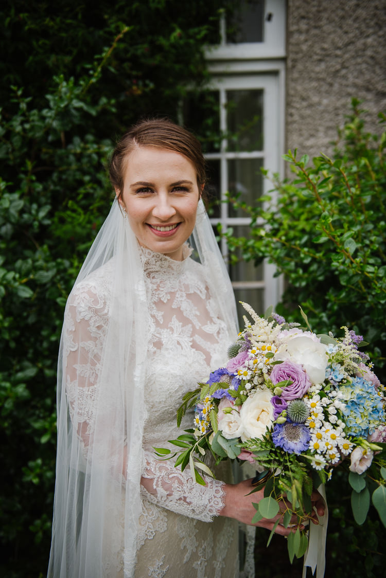 Bride Bridal Bouquet Flowers Pink Purple Rose Daisy Hydrangea Veil Lace Dress Boho Funfair Floral Country Wedding https://www.jonnybarratt.com/