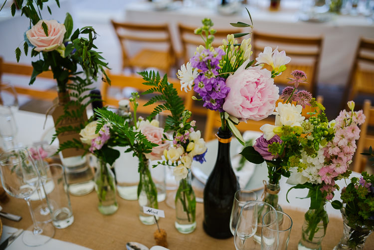 Bottle Flowers Pretty Tables Hessian Pink Boho Funfair Floral Country Wedding https://www.jonnybarratt.com/