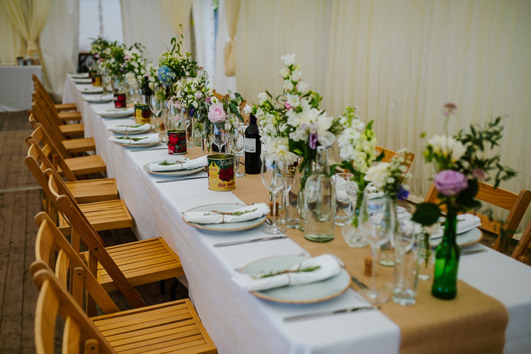 Long Tables Flowers Bottles Hessian Burlap Decor Tablescape Boho Funfair Floral Country Wedding https://www.jonnybarratt.com/