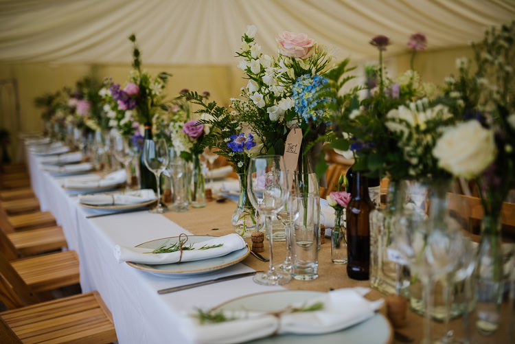 Bottle Flowers Tables Long Hessian Pretty Tablescape Boho Funfair Floral Country Wedding https://www.jonnybarratt.com/